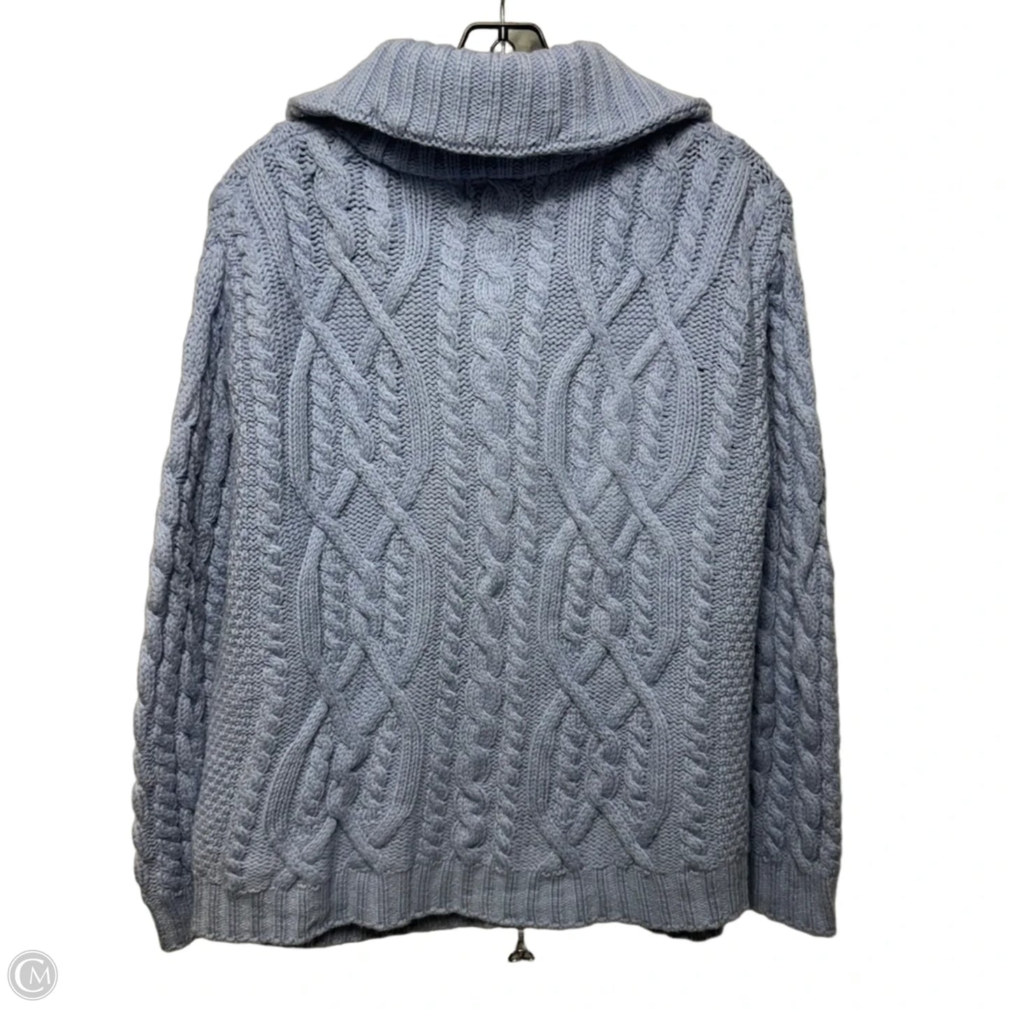 Cable Knit Merino Wool Zip Sweater Cardigan By Arancrafts In Blue, Size: M