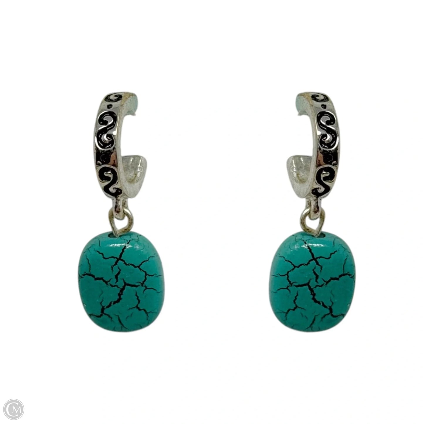 Faux Turquoise & Silver Hoop Dangle Earrings