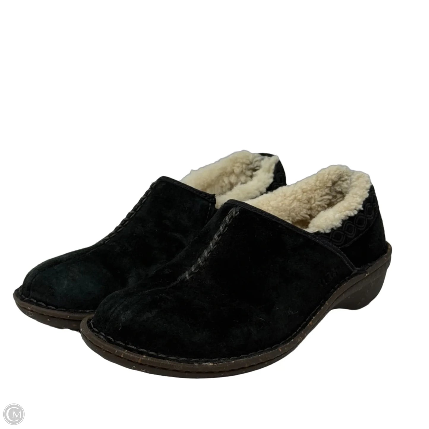 Bettey Black Suede Shearling Clog Slippers Designer By Ugg In Black & Cream, Size: 8