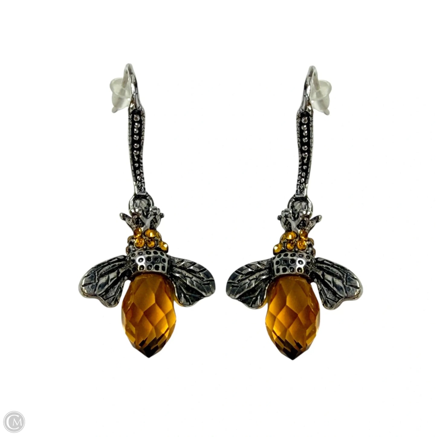 Silver Tone Faceted Crystal Dangle Bee Earrings