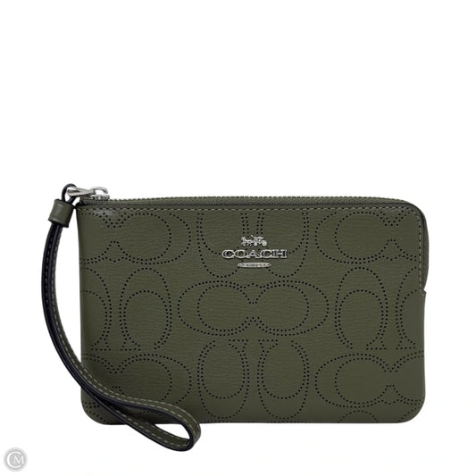 Perforated Leather Signature Corner Zip Wristlet Designer By Coach, Size: Medium