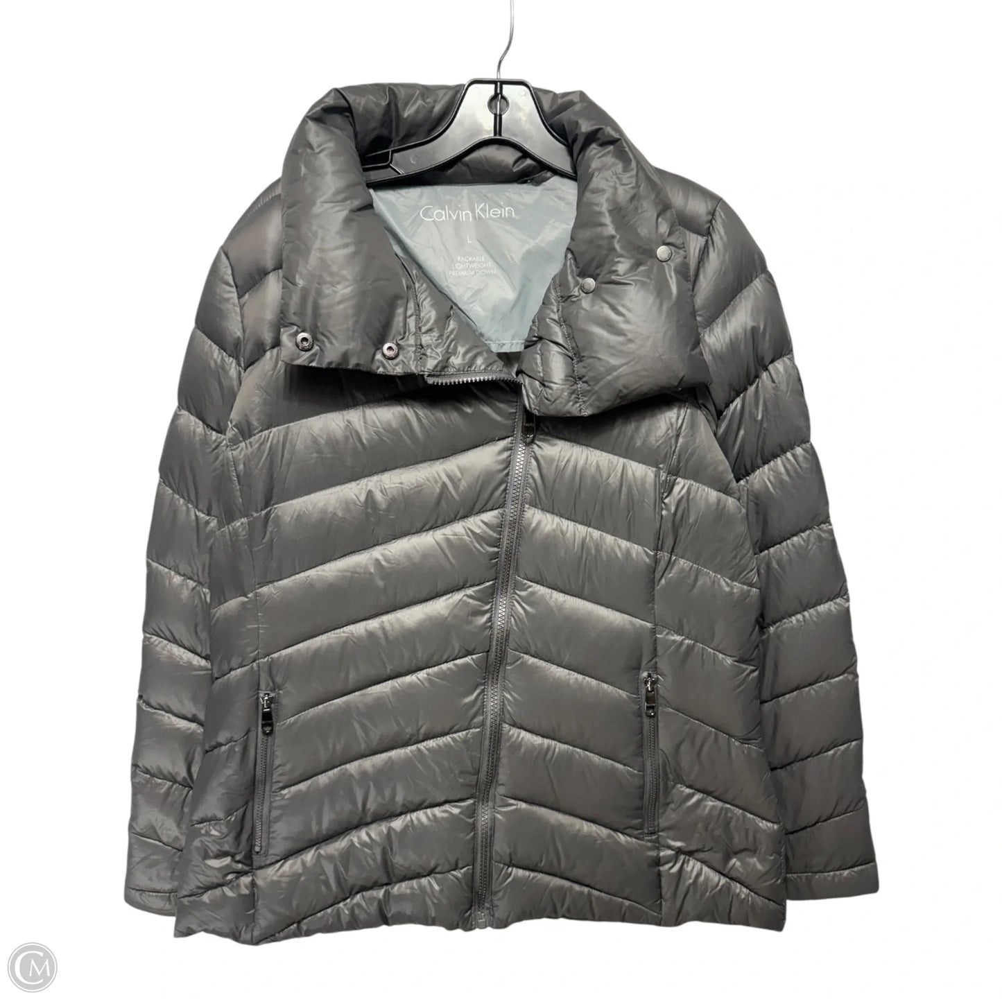 Packable Lightweight Down Jacket Puffer & Quilted By Calvin Klein In Grey, Size: L