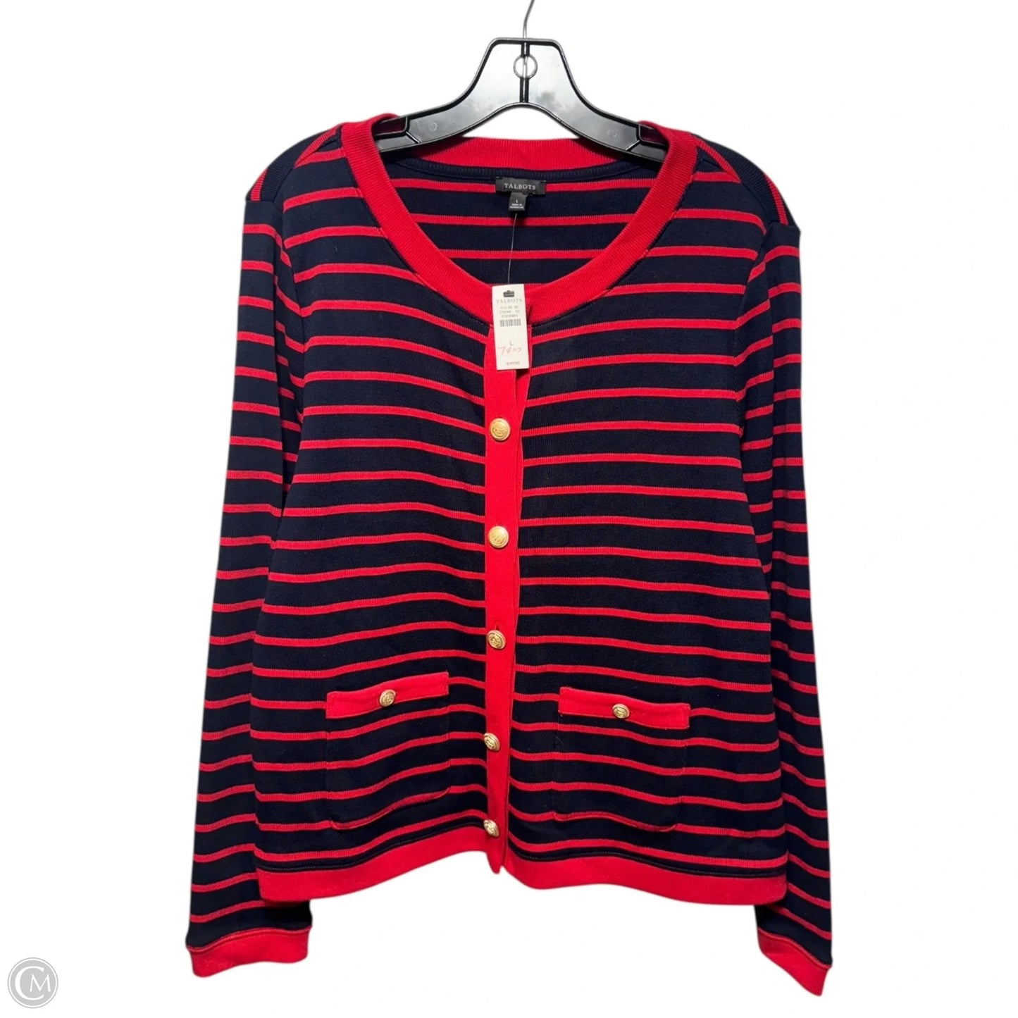 Sweater Cardigan By Talbots In Striped Pattern, Size: L