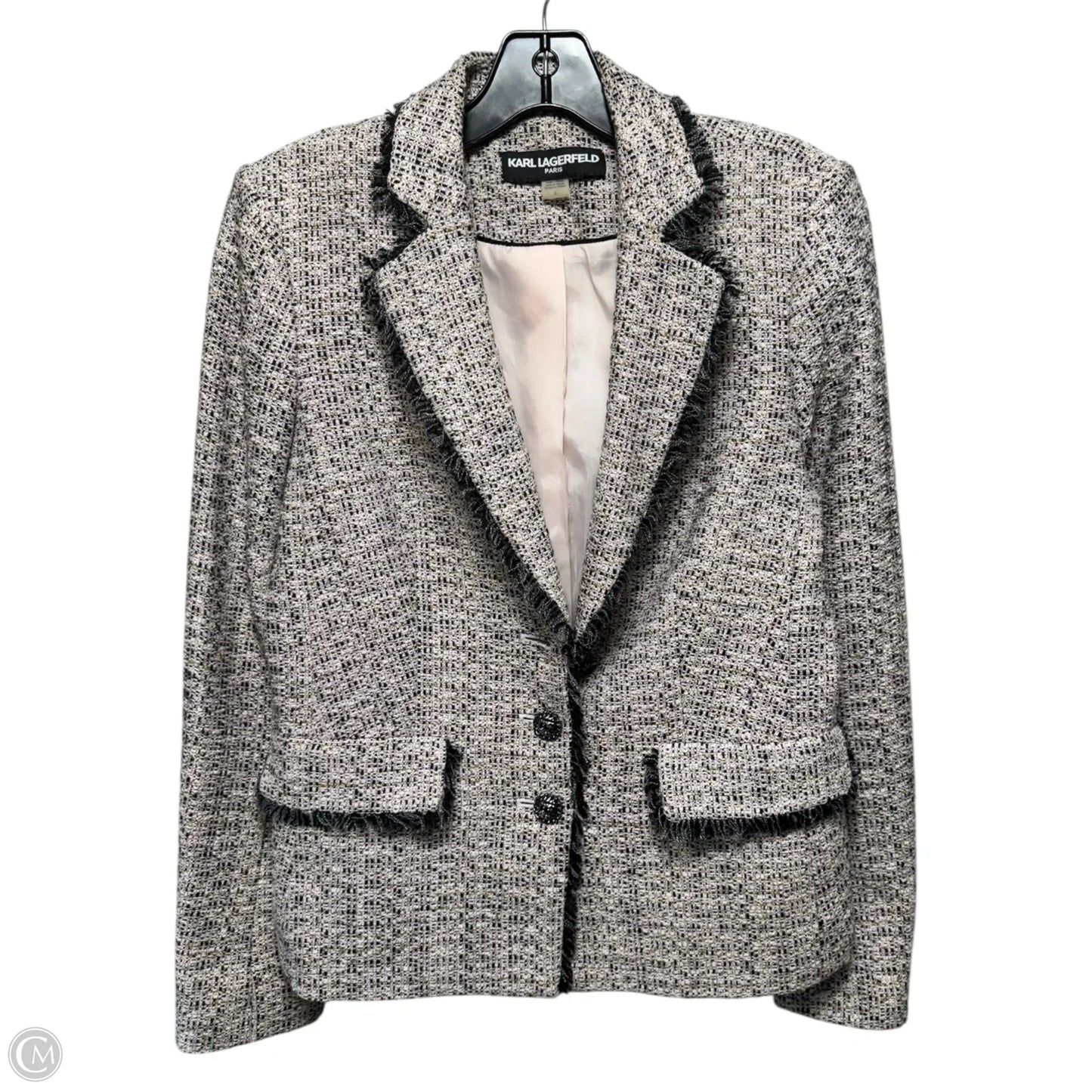Tweed Blazer Designer By Karl Lagerfeld In Black & Pink, Size: 6