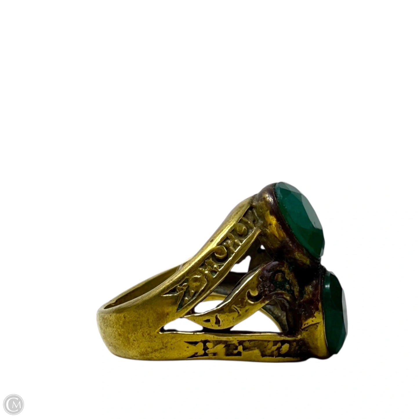 Gold Over Sterling Silver Art Deco Egyptian Revival Faceted Emerald & Marcasite Ring, Size: 8