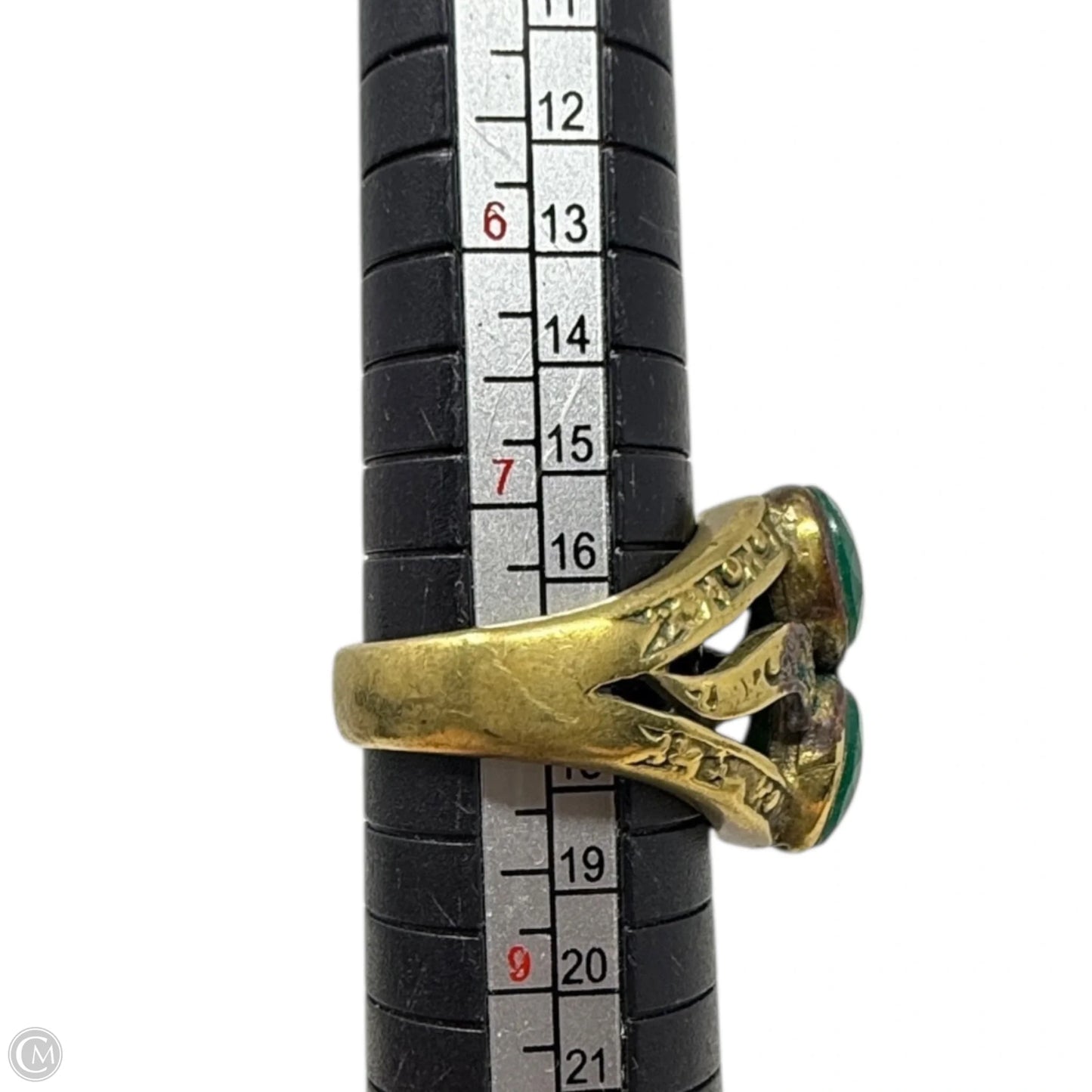 Gold Over Sterling Silver Art Deco Egyptian Revival Faceted Emerald & Marcasite Ring, Size: 8