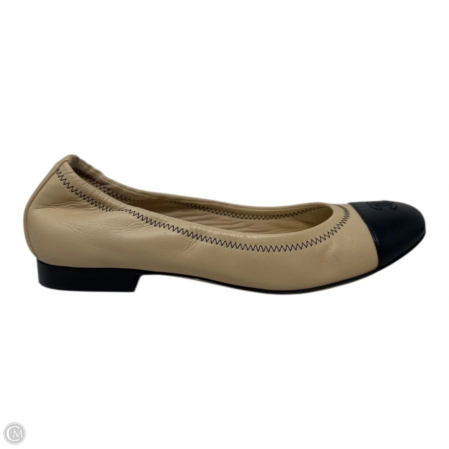 CC Leather Cap Toe Ballet Flats Shoes Luxury Designer By Chanel In Black & Tan, Size: 6.5
