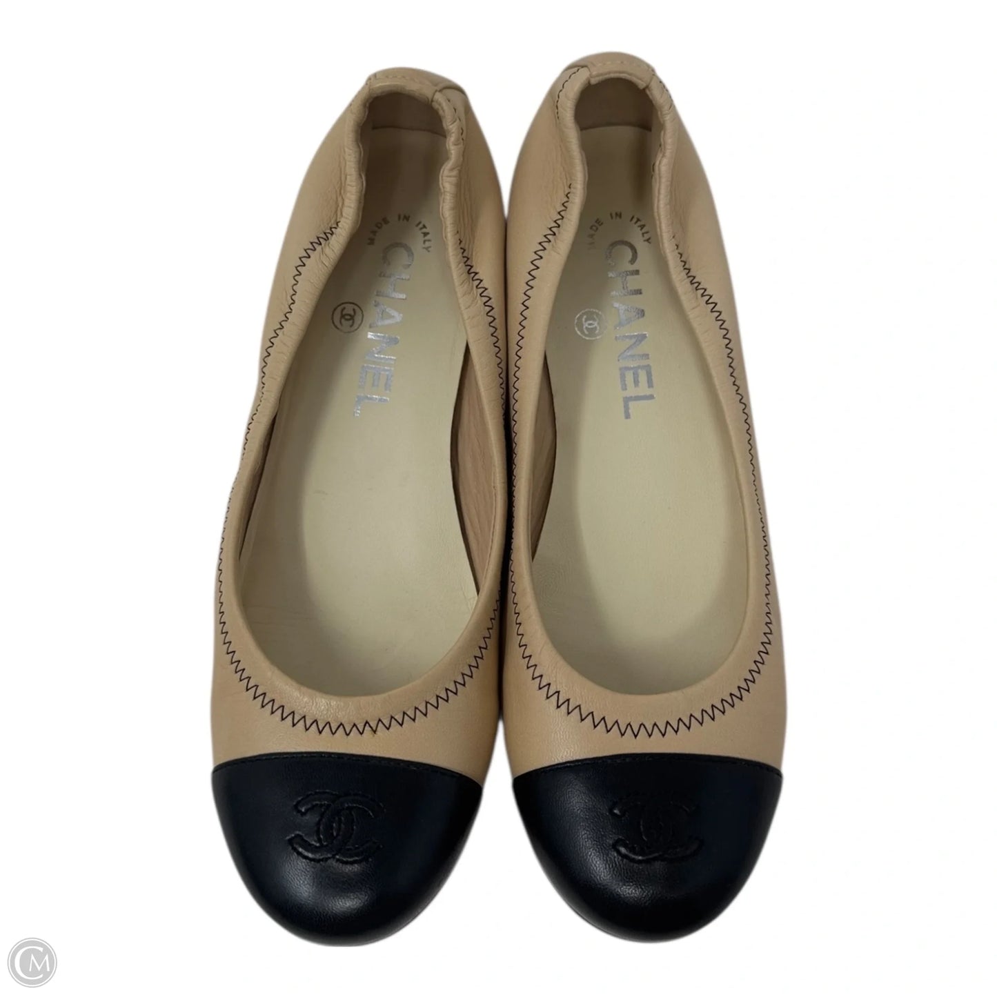 CC Leather Cap Toe Ballet Flats Shoes Luxury Designer By Chanel In Black & Tan, Size: 6.5