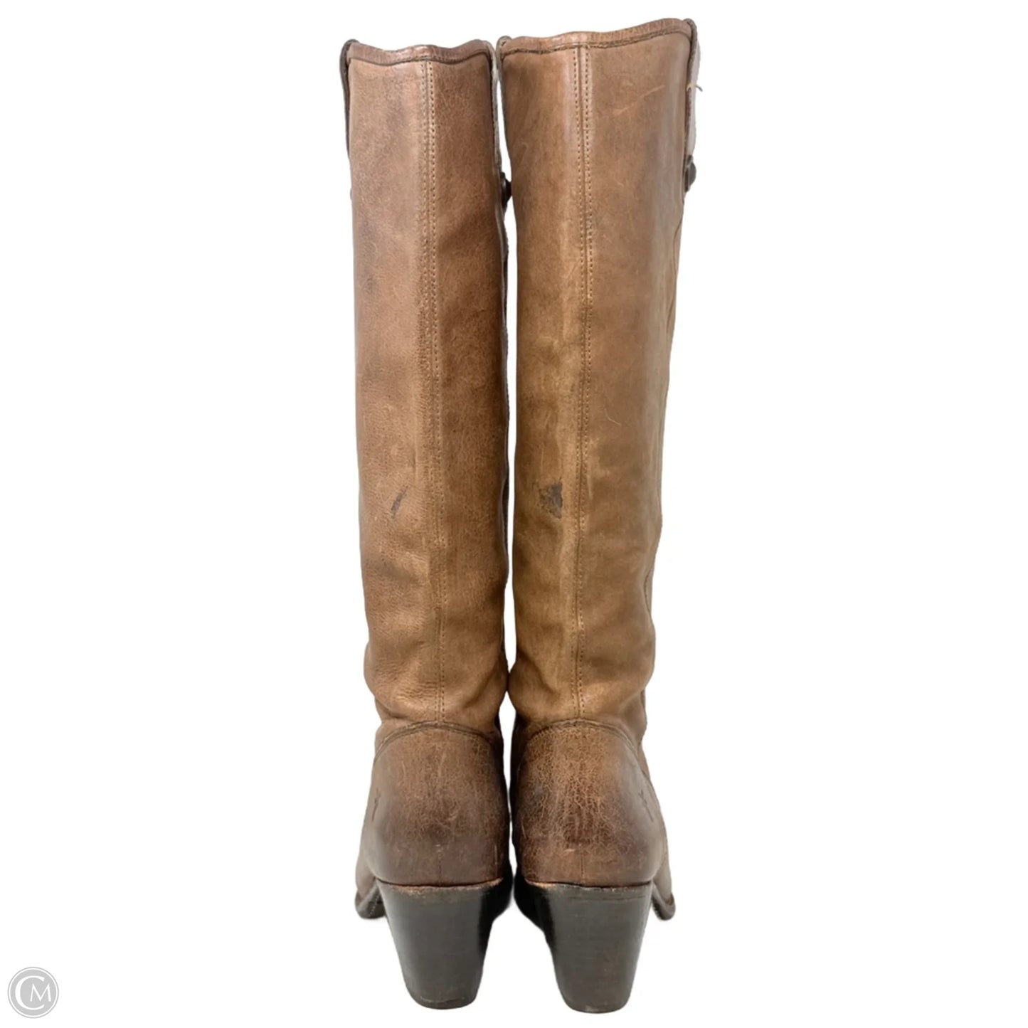 Jackie Button Knee-High Cowboy Boots Designer By Frye In Brown, Size: 10