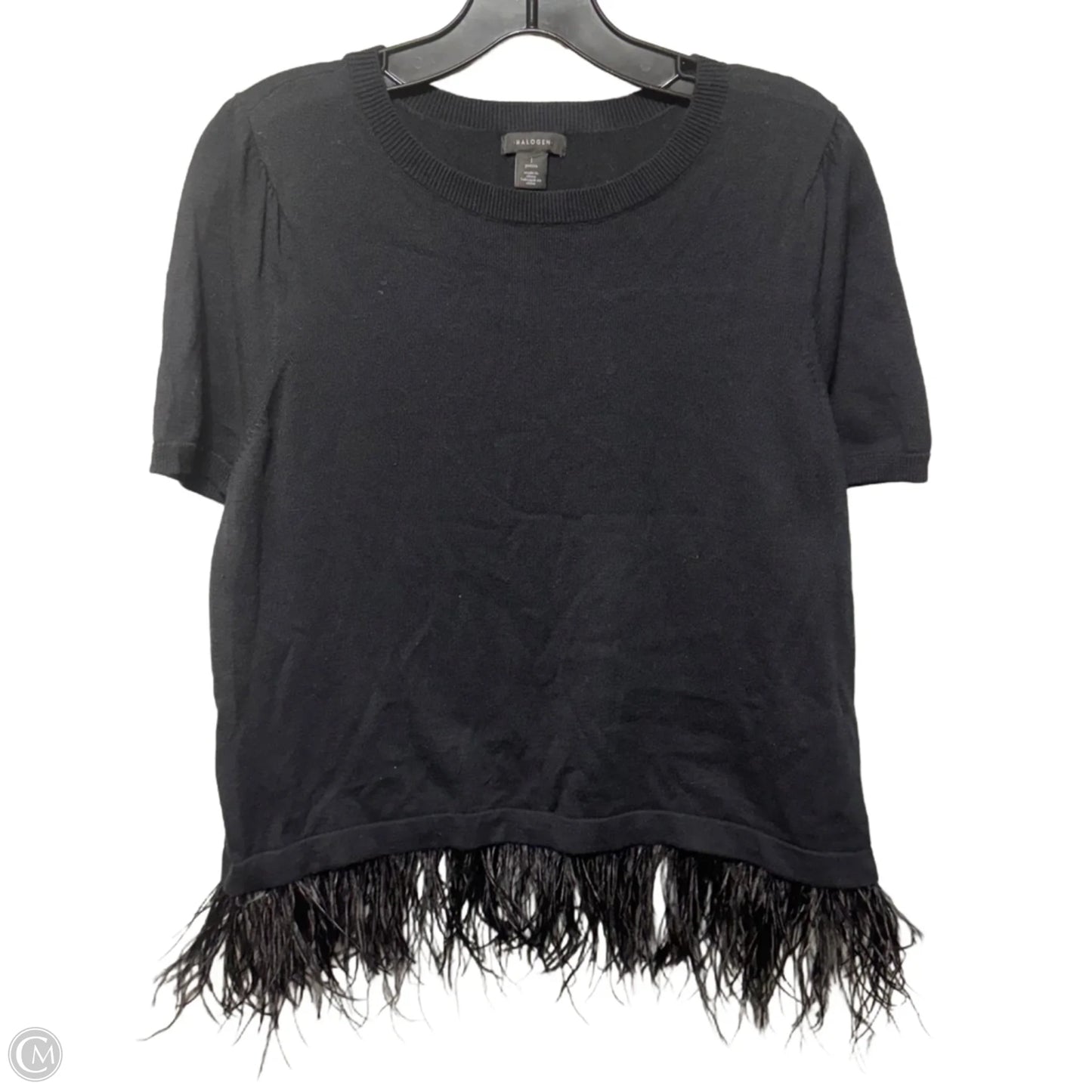 Merino Wool & Ostrich Feather Hem Short Sleeve Sweater By Halogen In Black, Size: S