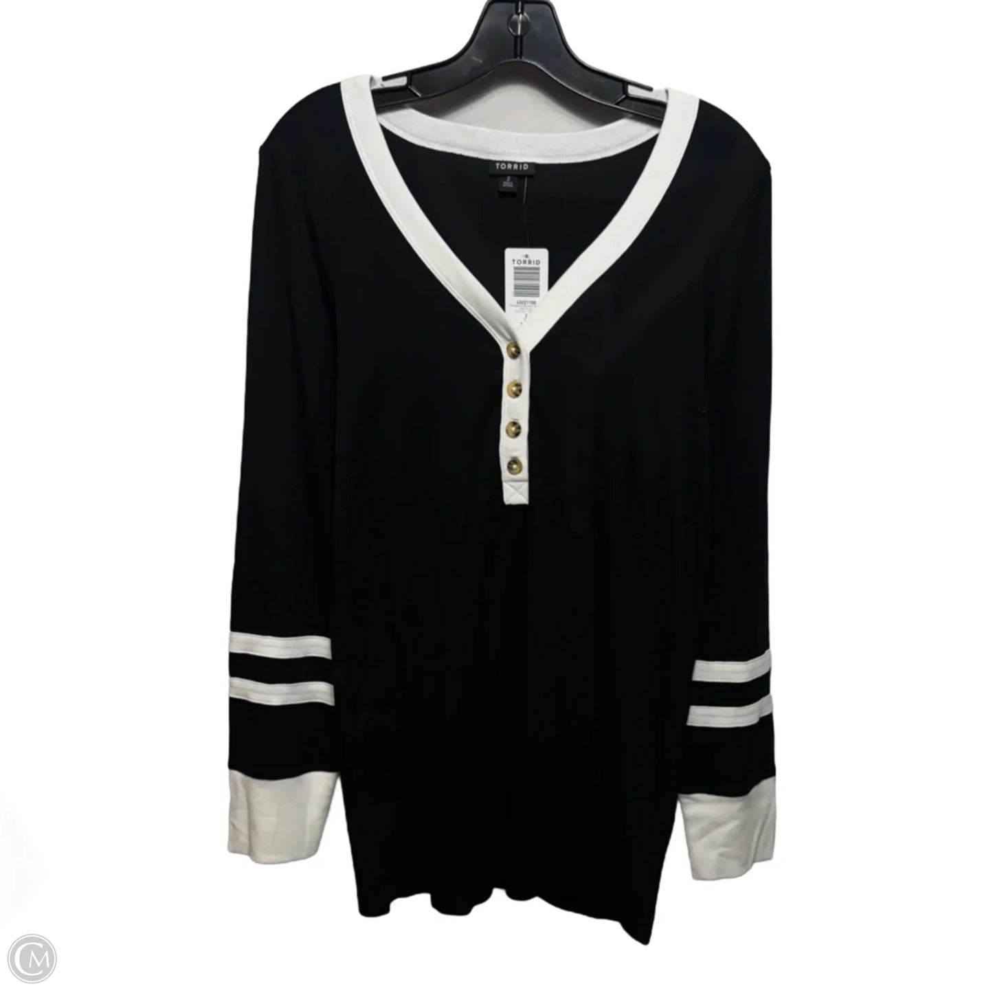 Rib Curved Henley Varsity Long Sleeve Top By Torrid In Black & White, Size: 2x