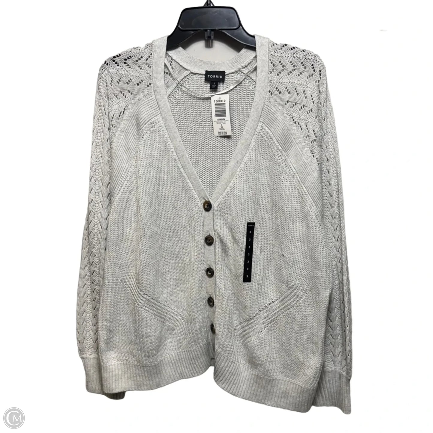 Pointelle Sleeve Cardigan V-Neck Sweater By Torrid In Light Heather Grey, Size: 3x