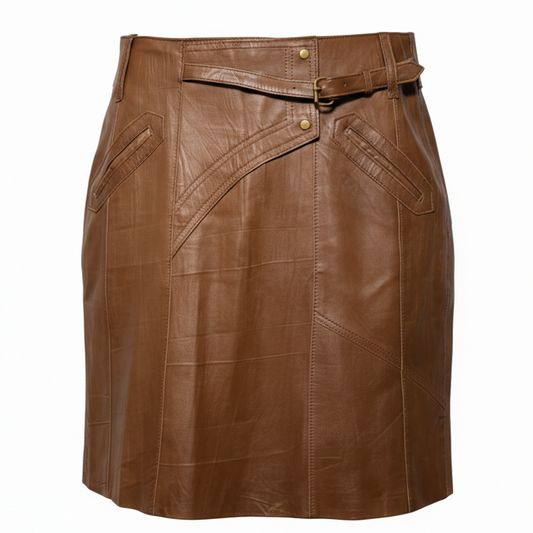 100% Sheep Leather Mini Skirt By Vero Moda Jeans In Brown, Size: L