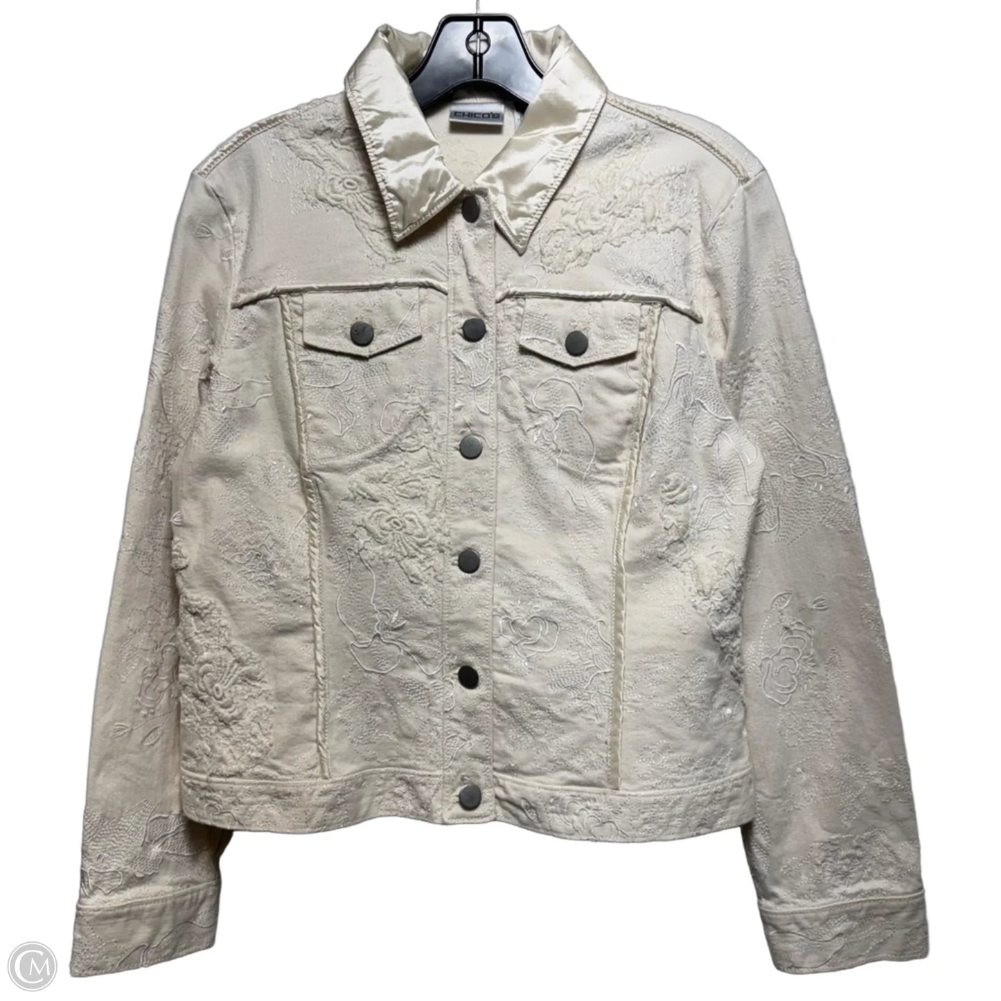 Jacket Denim By Chicos In White Denim, Size: 8