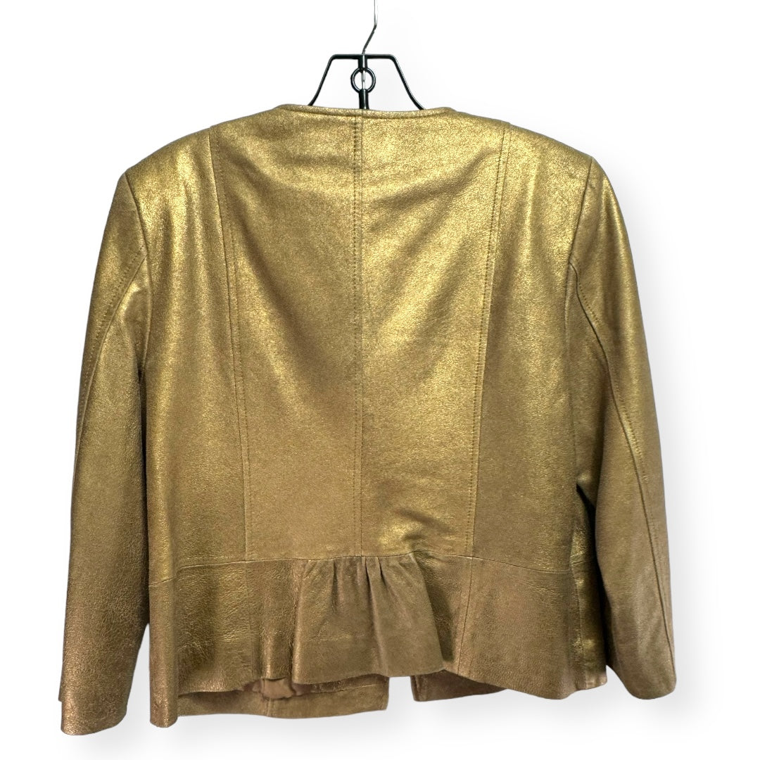 Gold Collarless Leather Peplum Jacket Kate Hill, Size 8