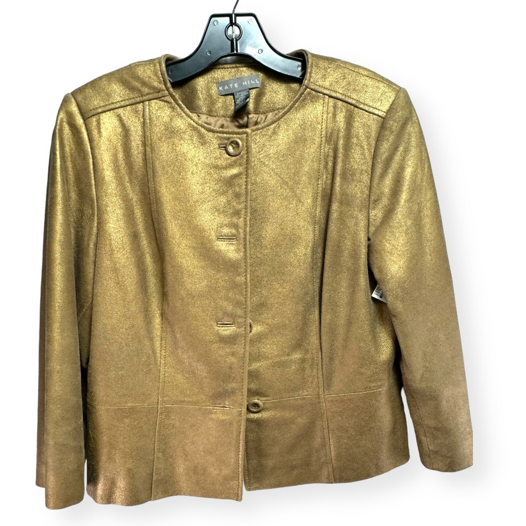 Gold Collarless Leather Peplum Jacket Kate Hill, Size 8