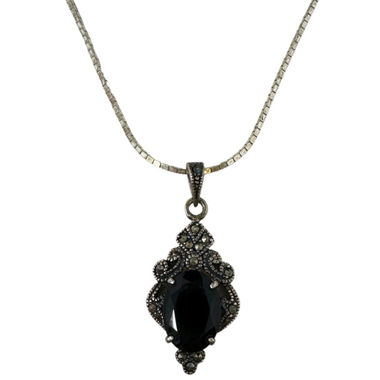 Vintage 925 Sterling Silver Deco Faceted Onyx Marcasite Pendant Necklace By Unbranded