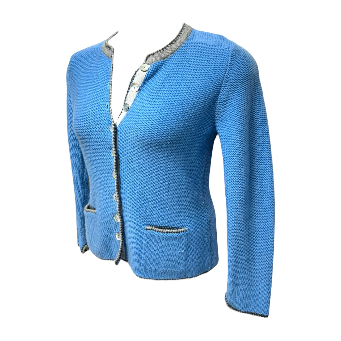 Traditional Elbow Patch Sweater Cardigan Cashmere By Pierre Claire In Blue, Size: M