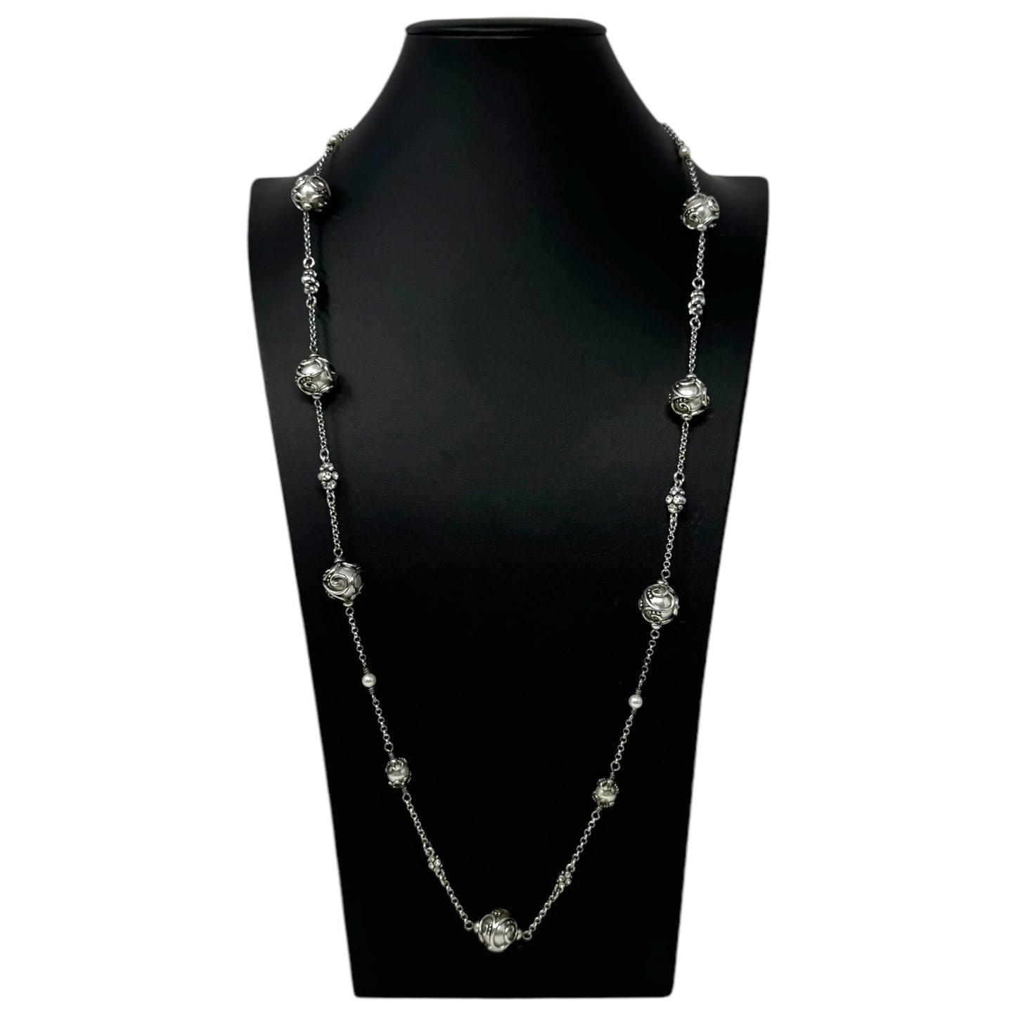 Silver Plated Pearl Love Crystal Accent Station Long Necklace By Brighton, Size: 0