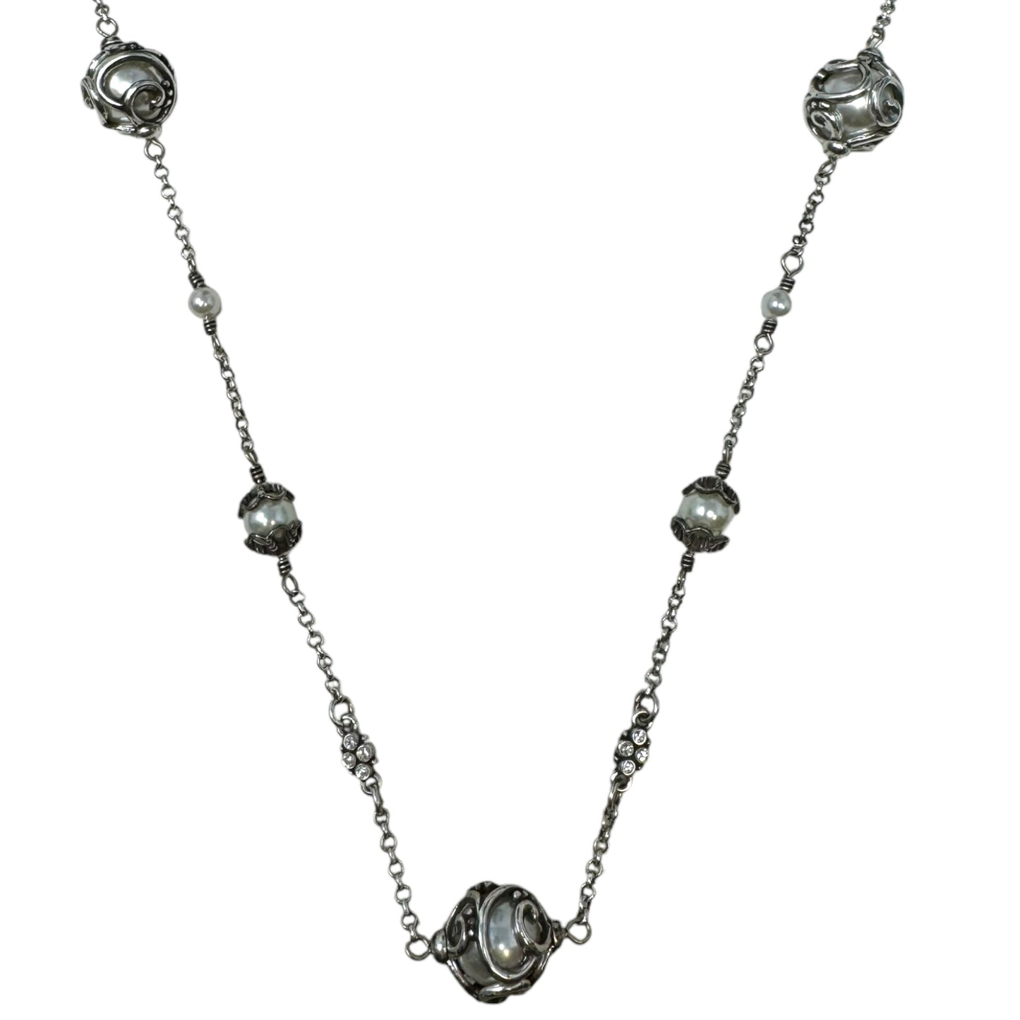 Silver Plated Pearl Love Crystal Accent Station Long Necklace By Brighton, Size: 0