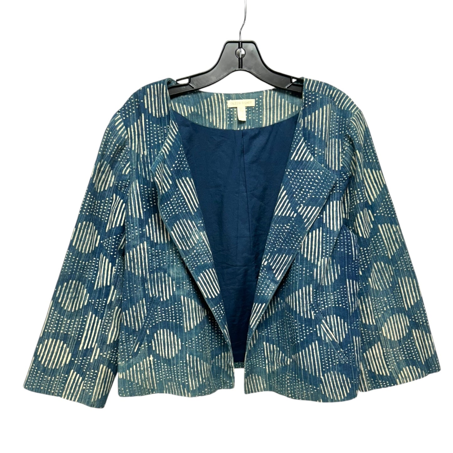 Hand Printed Indigo Jacket Designer By Eileen Fisher In Blue & Cream, Size: L