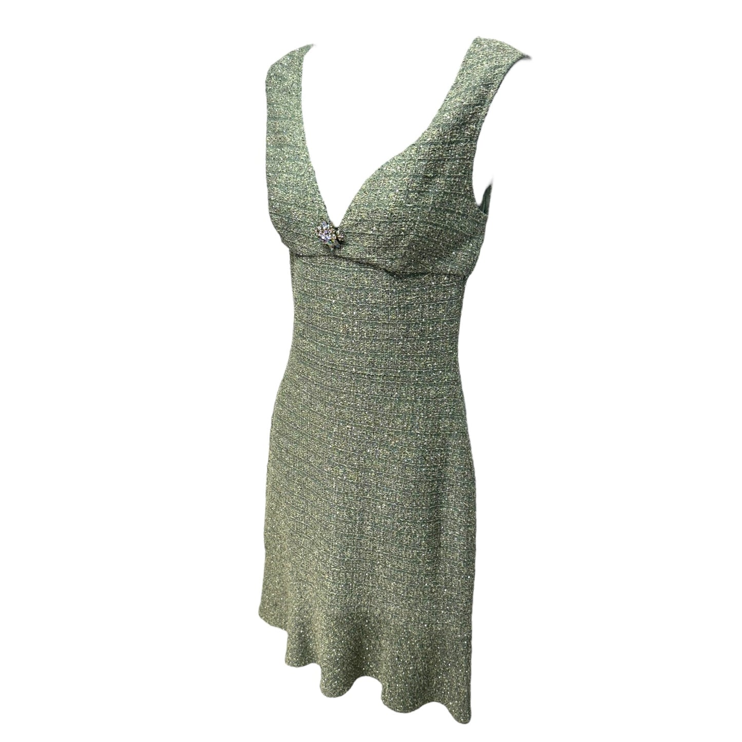 Fit & Flare Metallic Tweed Tank Dress Luxury Designer By St. John Evening In Green, Size: 4