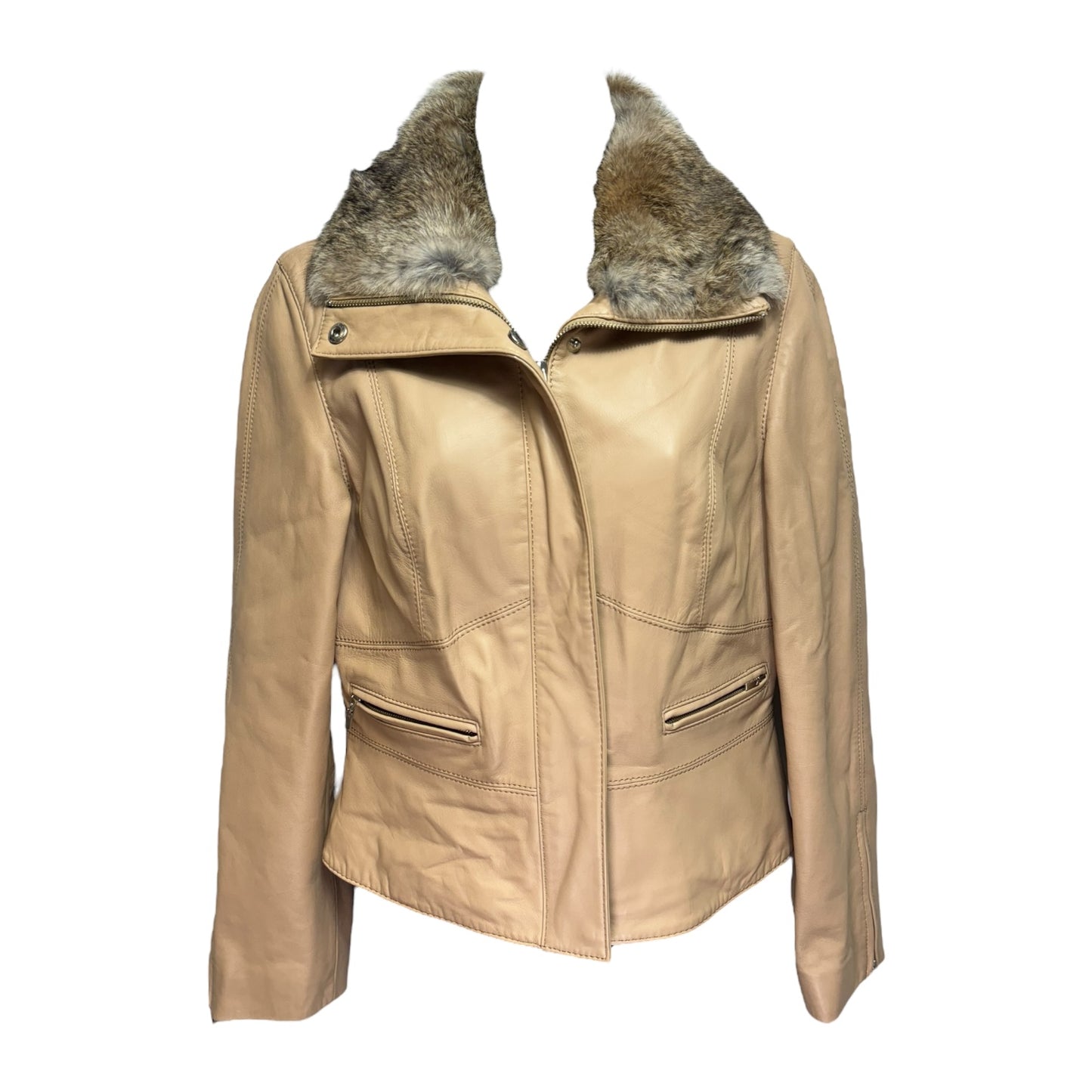 Insulated Leather Jacket with Fur Collar By Siena Studio In Tan, Size: S