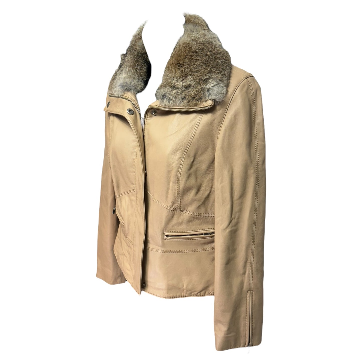 Insulated Leather Jacket with Fur Collar By Siena Studio In Tan, Size: S