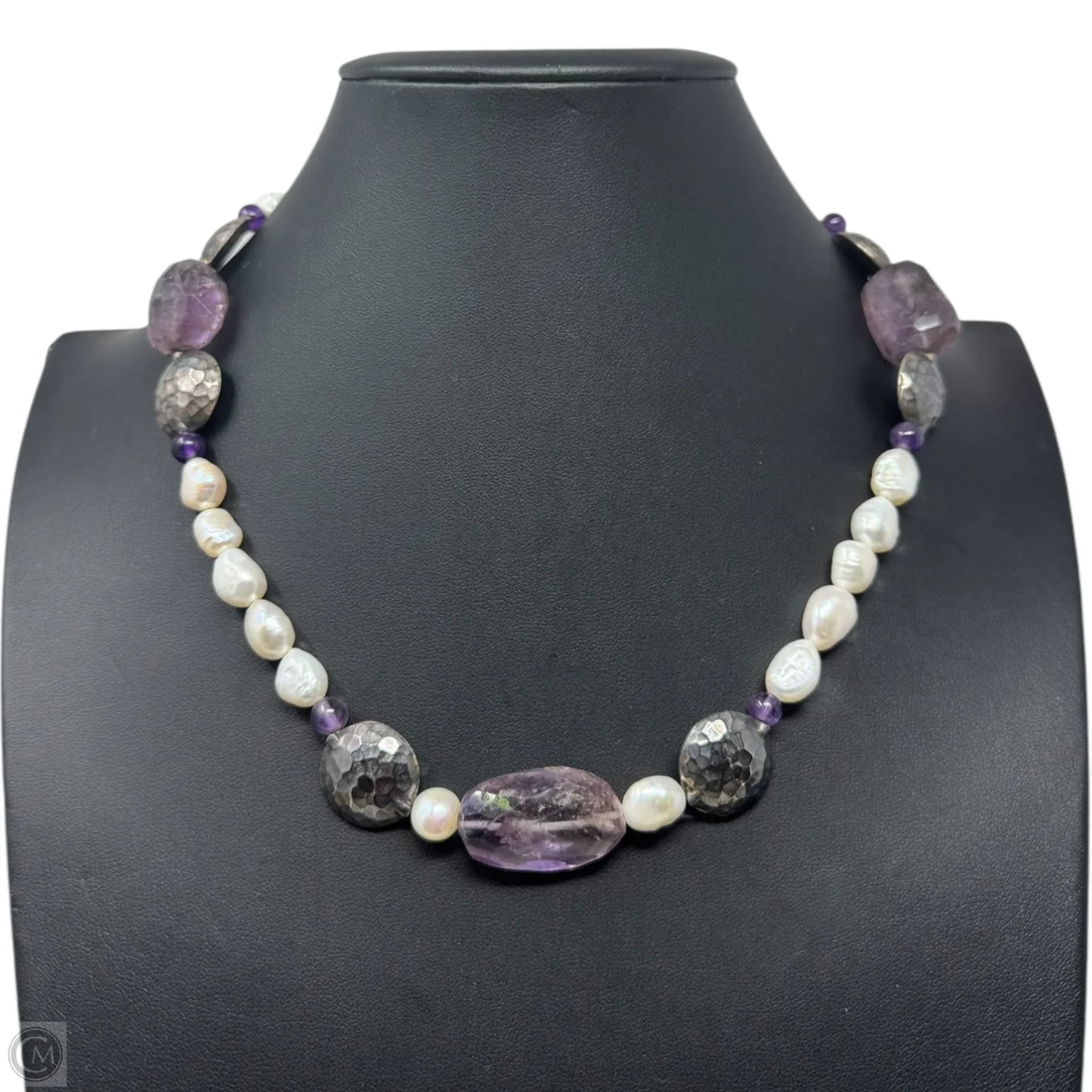 Amethyst Chunk & Pearl Necklace Sterling Silver Unbranded