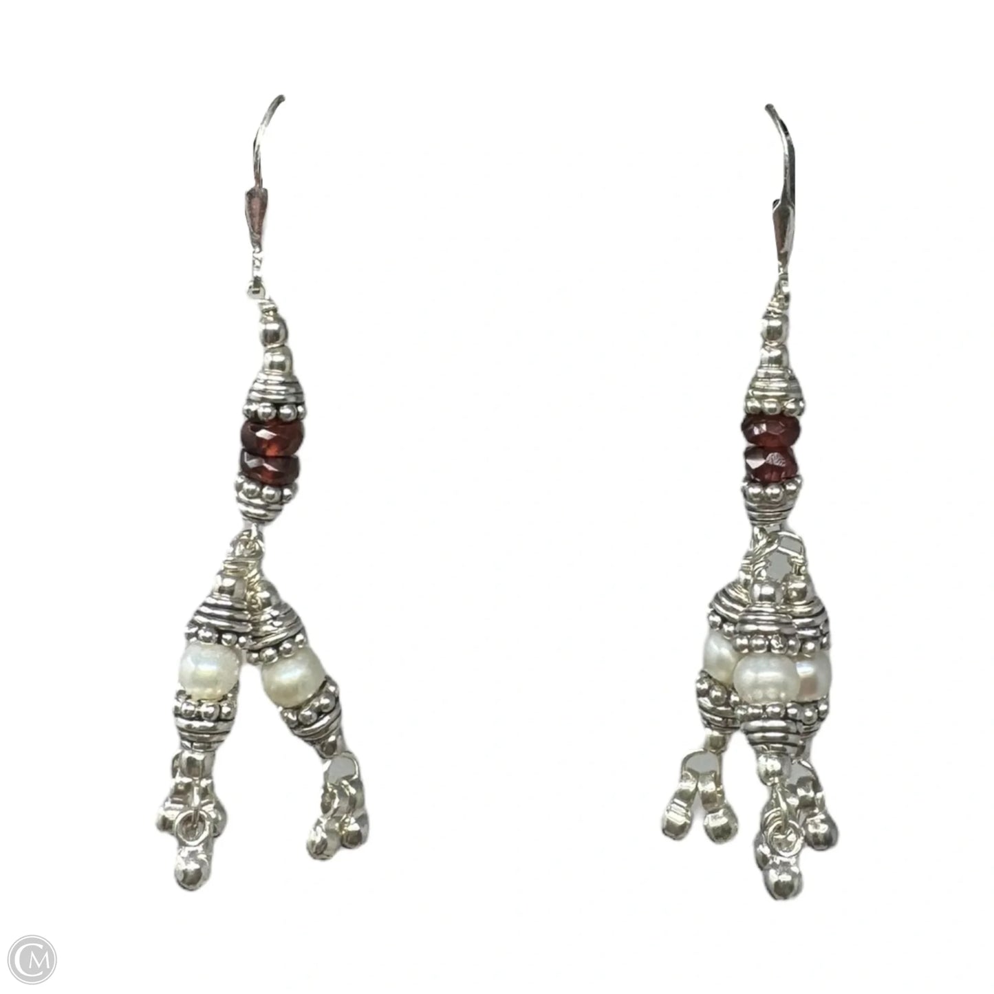 Sterling Silver Pearl & Red Stone Lever Back Dangle Earrings Unbranded