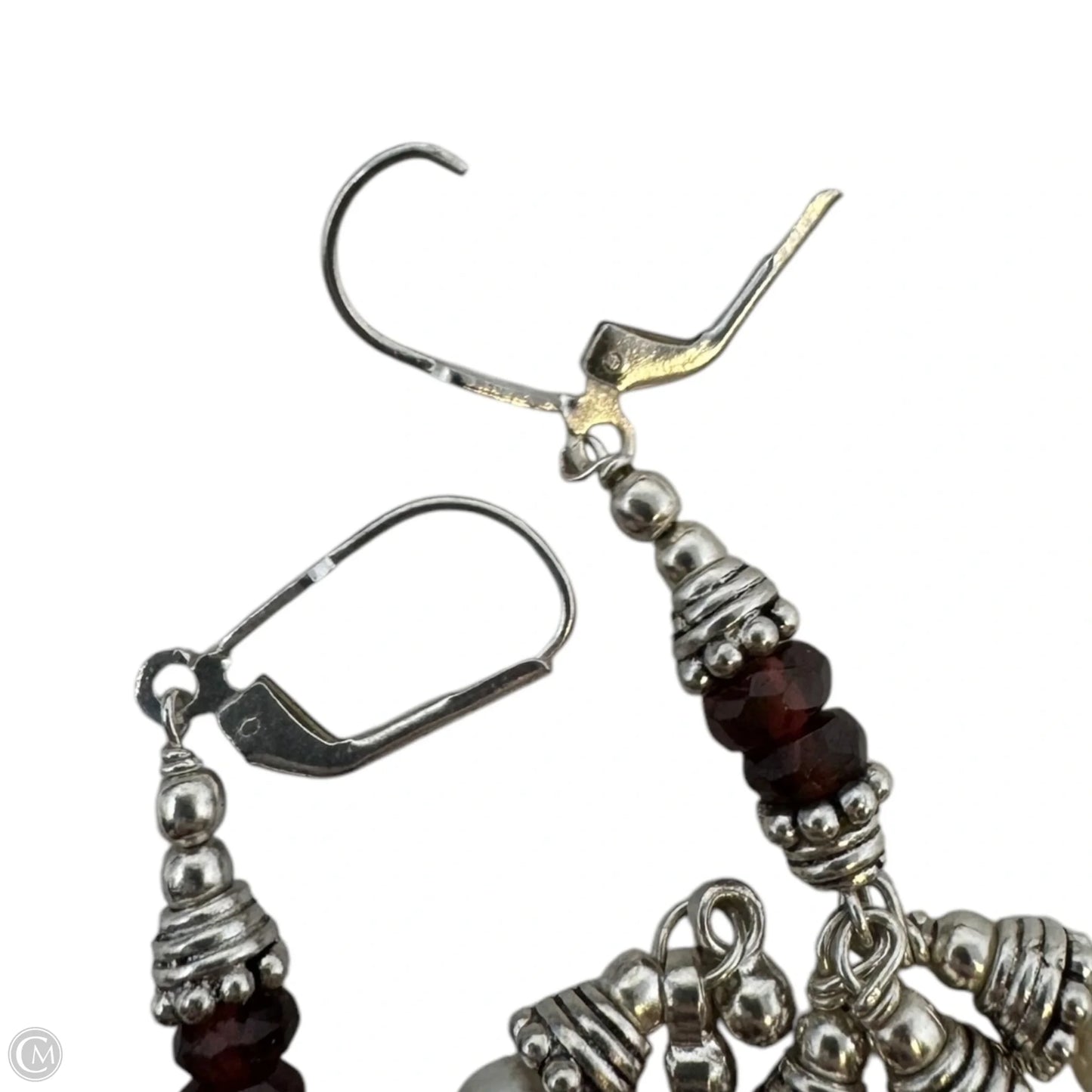 Sterling Silver Pearl & Red Stone Lever Back Dangle Earrings Unbranded