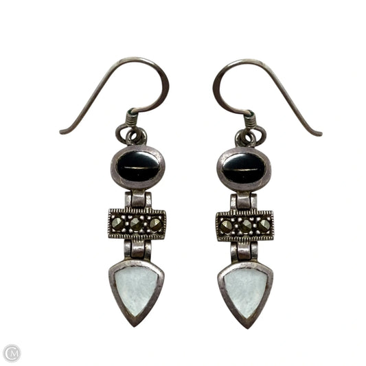 Sterling Silver 925 Marcasite Onyx & Mother Of Pearl Earrings By Unbranded