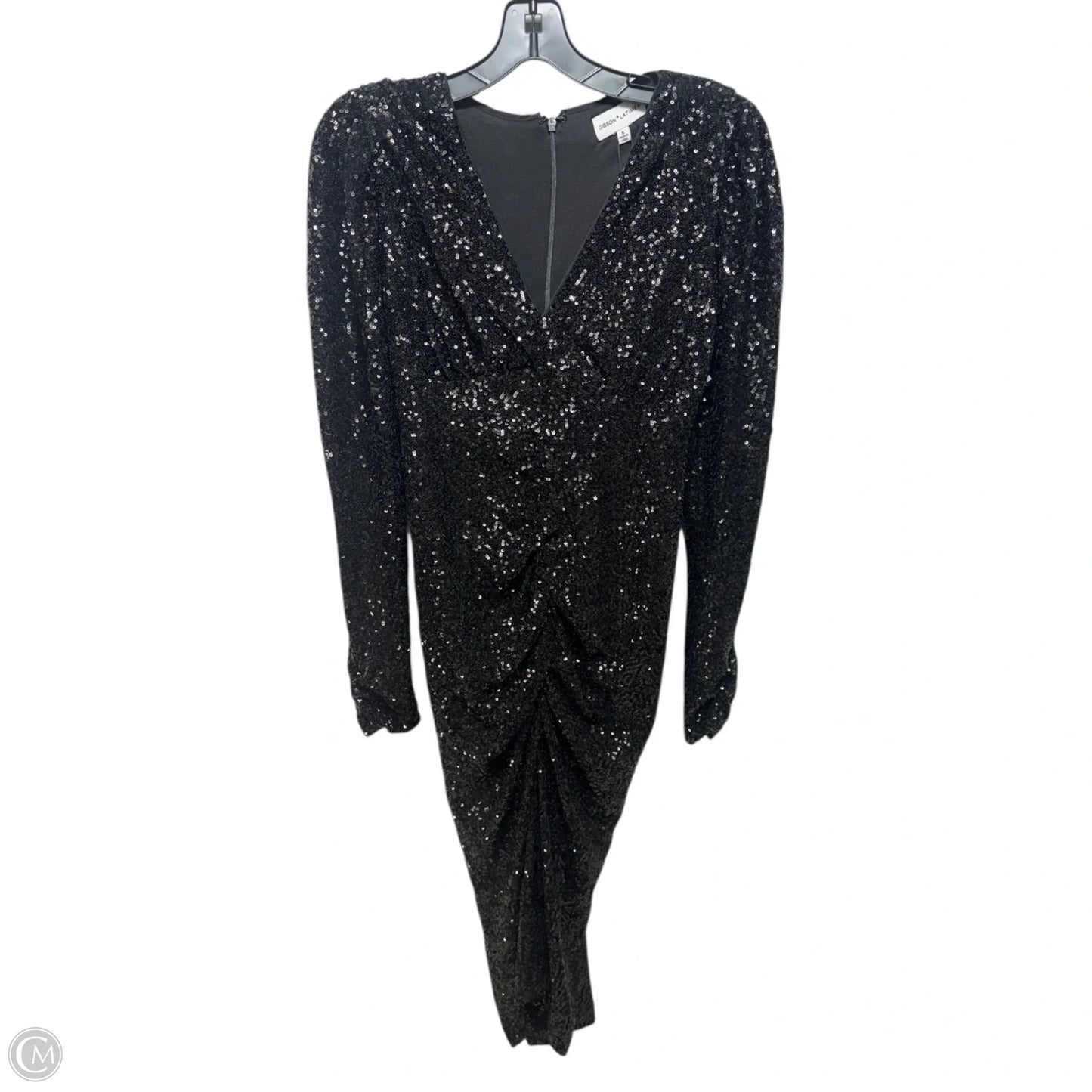 Sequin V Neck Long Puff Sleeve Ruched Bodycon Midi Dress By Gibson And Latimer In Black, Size: S