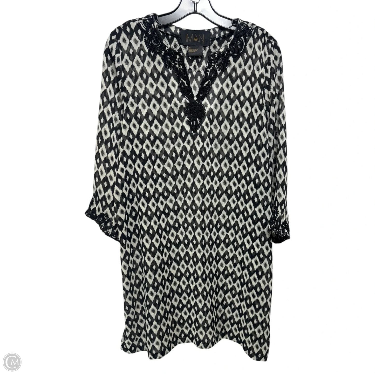 Embroidered Tunic 3/4 Sleeve By Iman Hsn In Black & White, Size: M