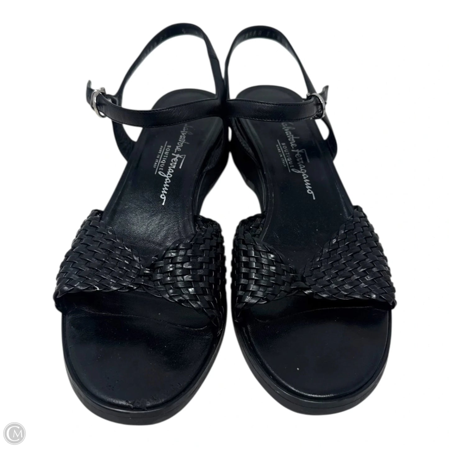 Woven Leather Ankle Strap Wedge Sandals Designer By Ferragamo In Black, Size: 9