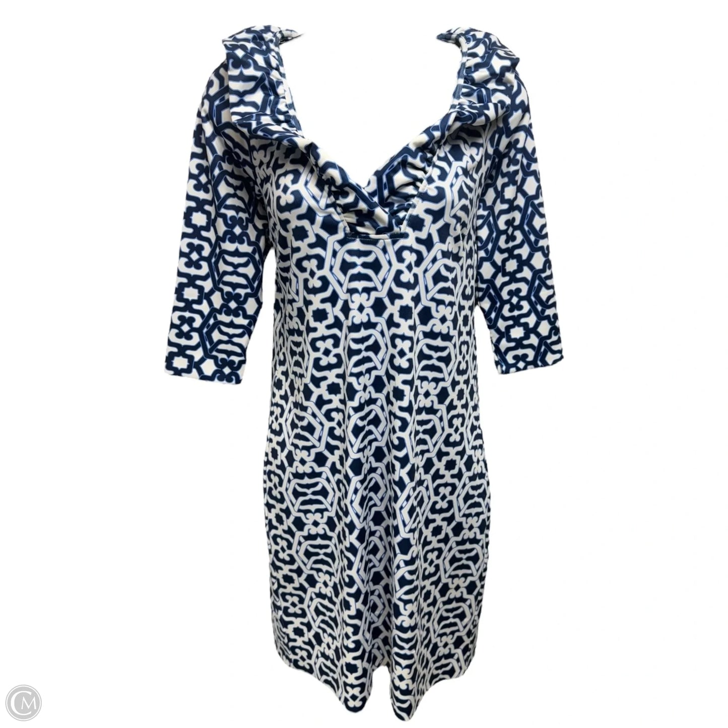 Ruffle Neck Dress Casual Short By Gretchen Scott In Blue & White, Size: S