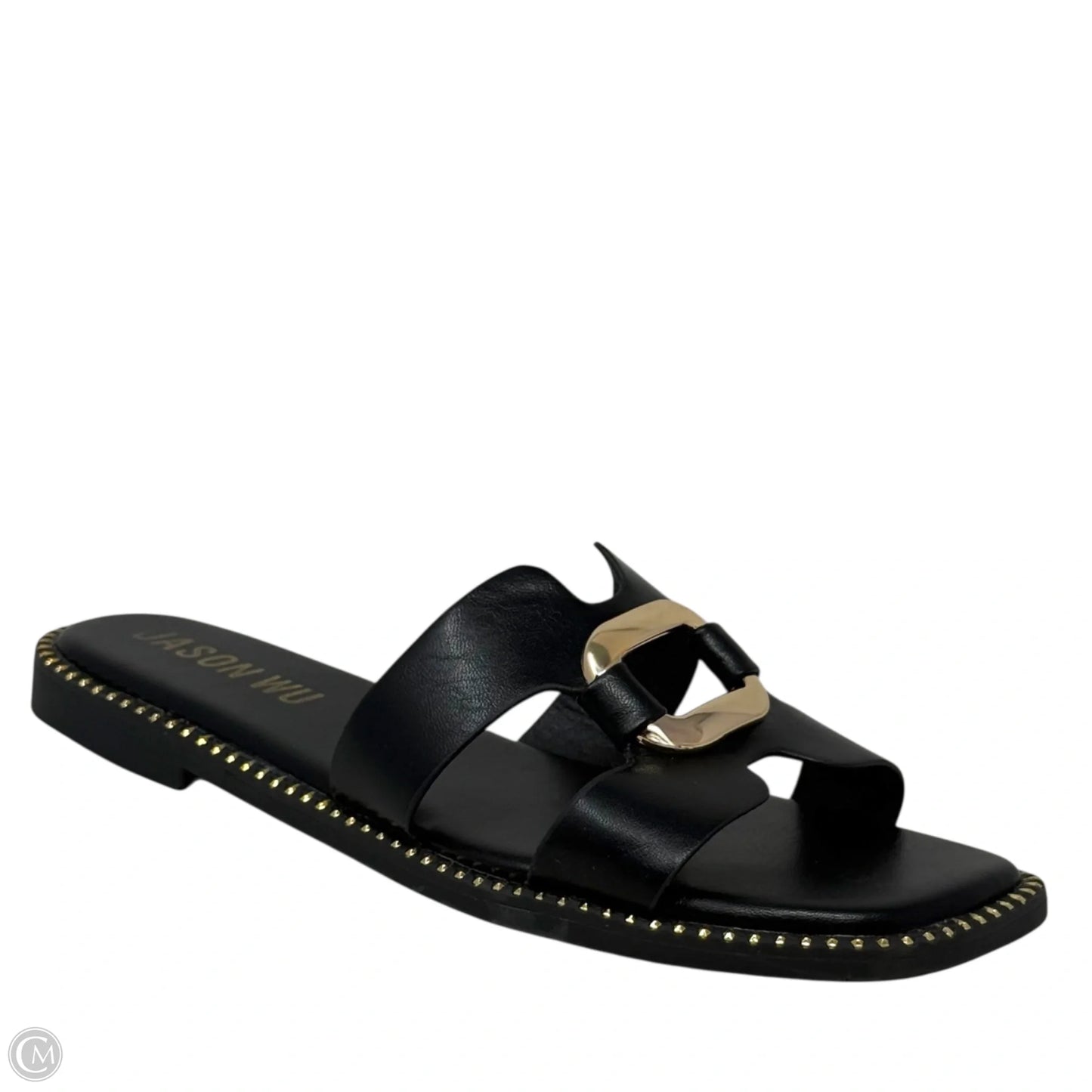 Dani’s Gold Buckle Flat Slide Sandals Designer By Jason Wu In Black & Gold, Size: 9
