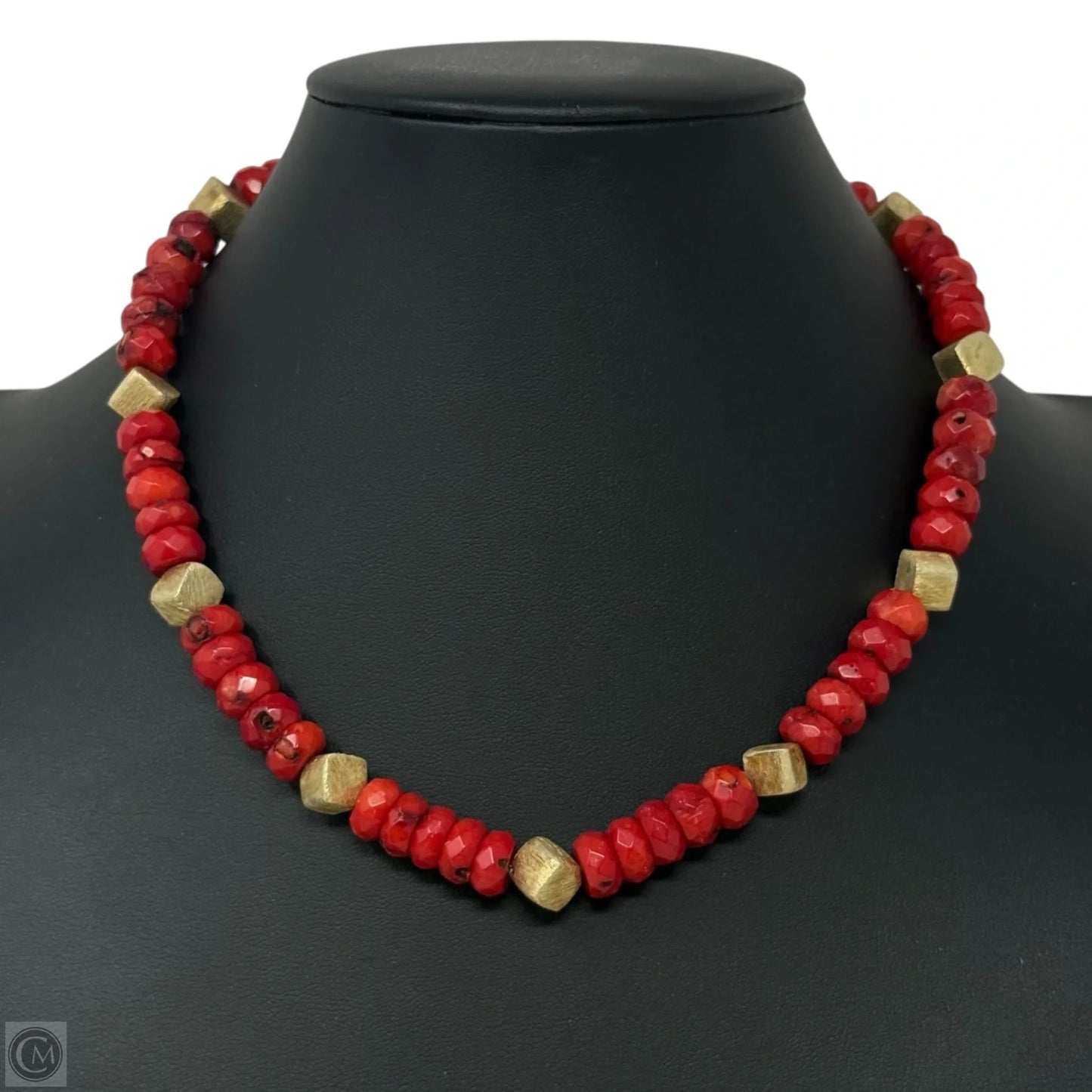Faceted Red Coral & Brushed Vermeil Box Beaded Collar Necklace