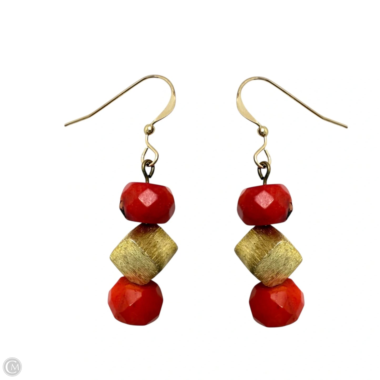 Faceted Red Coral & Brushed Vermeil Box Beaded French Wire Earrings