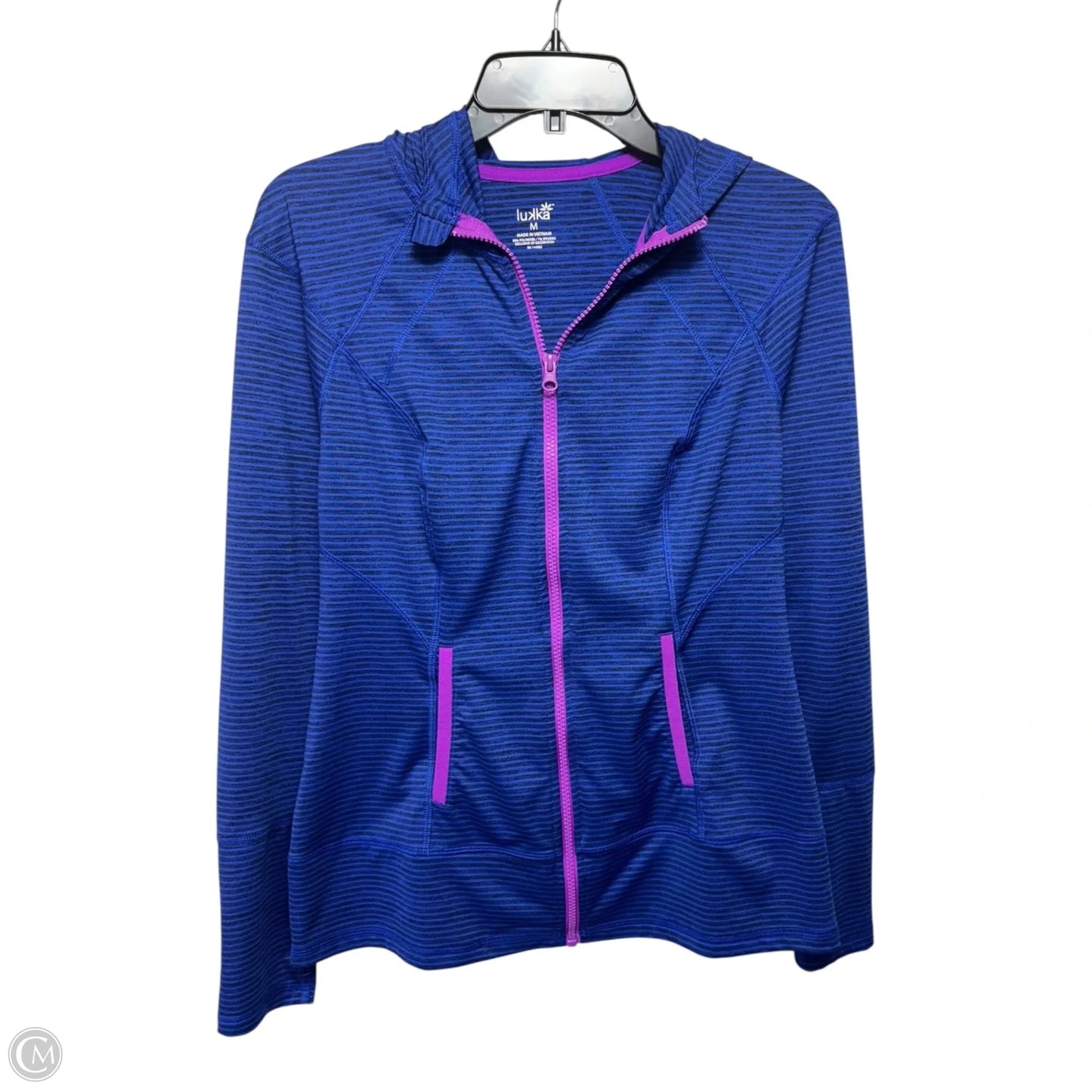 Hooded Full Zip Athletic Jacket By Lukka In Blue, Size: M