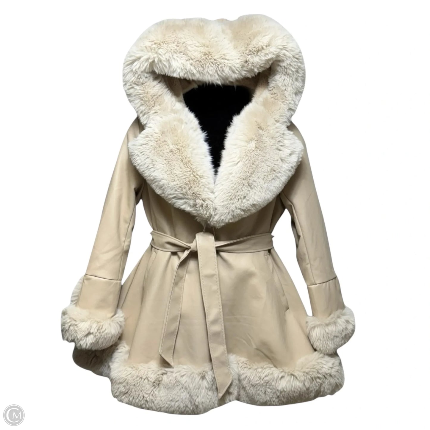 Faux Leather Belted Swing Coat with Faux Fur Hood By Gran Oriente In Cream, Size: L
