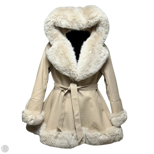 Faux Leather Belted Swing Coat with Faux Fur Hood By Gran Oriente In Cream, Size: L