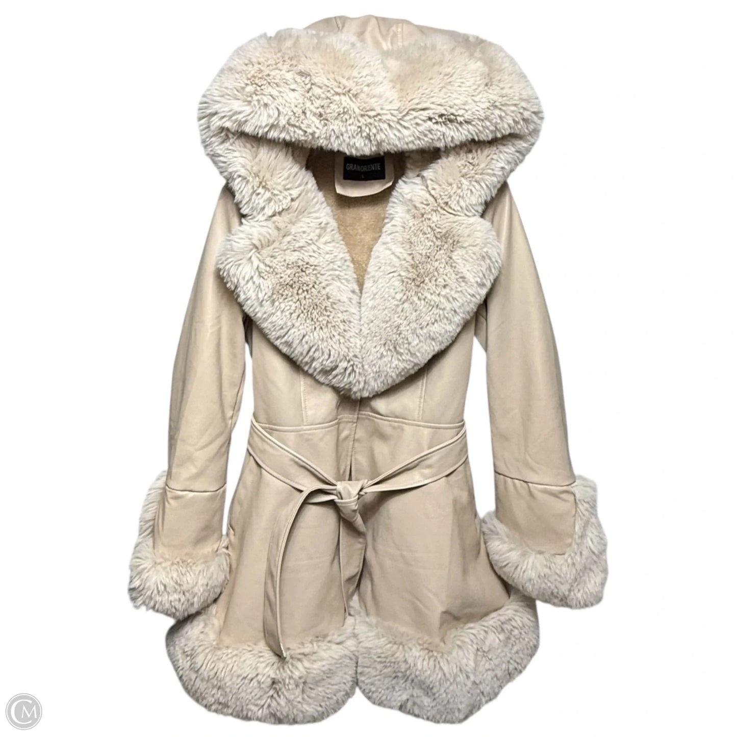 Faux Leather Belted Swing Coat with Faux Fur Hood By Gran Oriente In Cream, Size: L