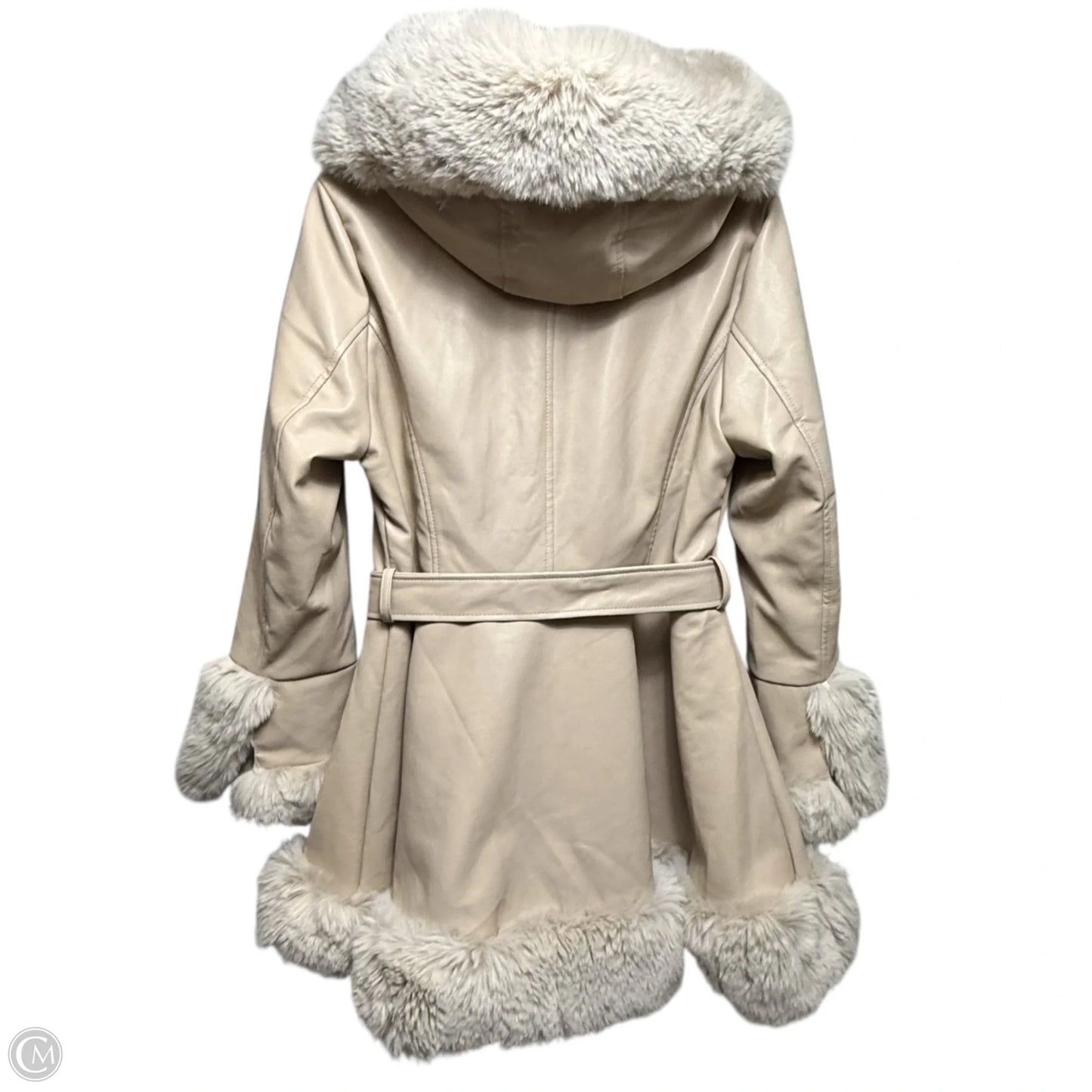 Faux Leather Belted Swing Coat with Faux Fur Hood By Gran Oriente In Cream, Size: L