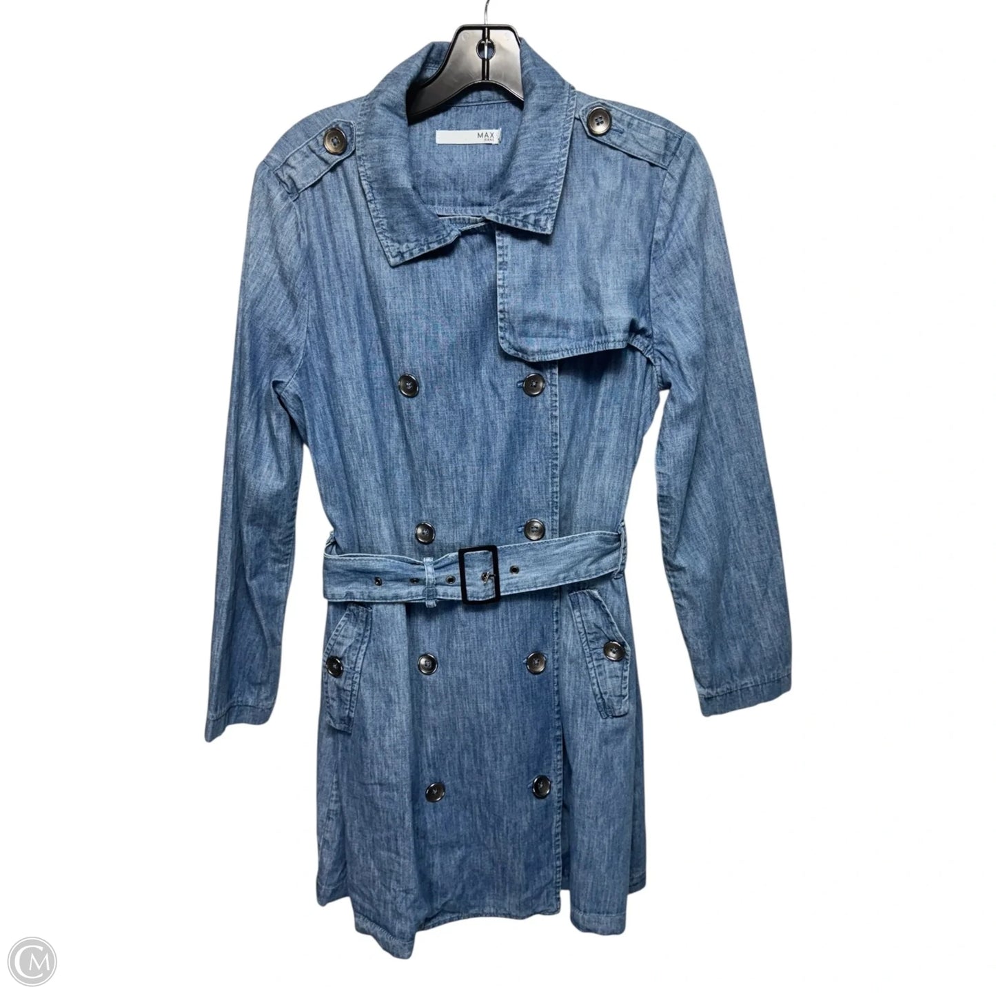 Trench Coat By Max Jeans In Blue Denim, Size: M