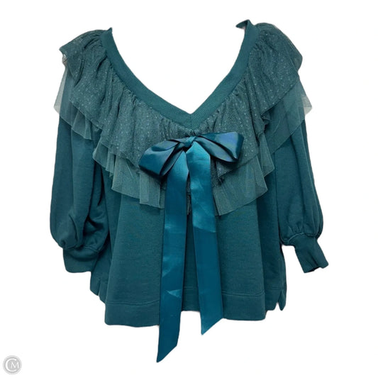 V-Neck Bow Sweater 3/4 Sleeve By Maeve In Green, Size: XXS