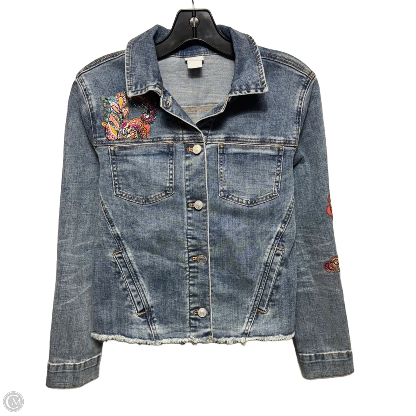 Embellished Jacket Denim By Chicos In Blue Denim, Size: S