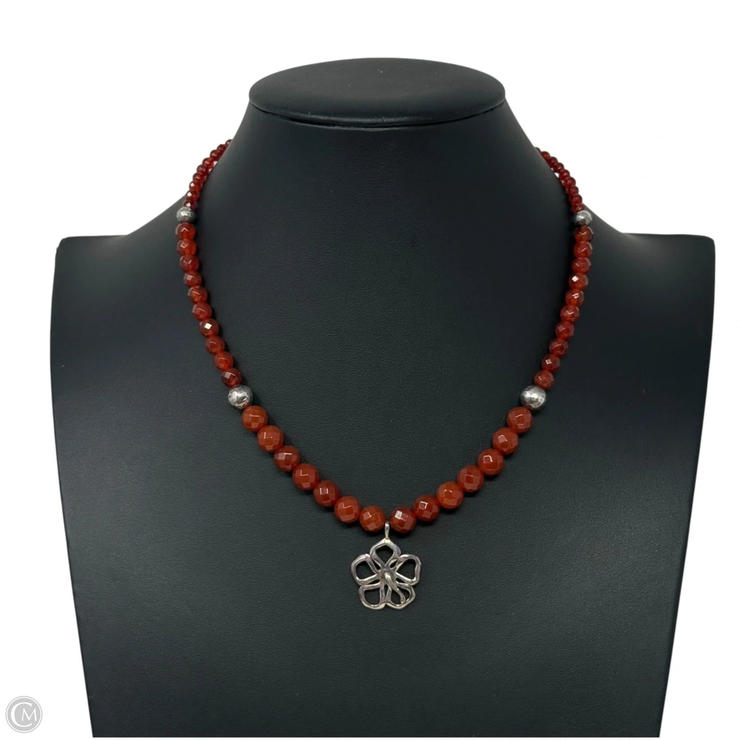 Sterling Silver & Carnelian Beaded Flower Pended Necklace