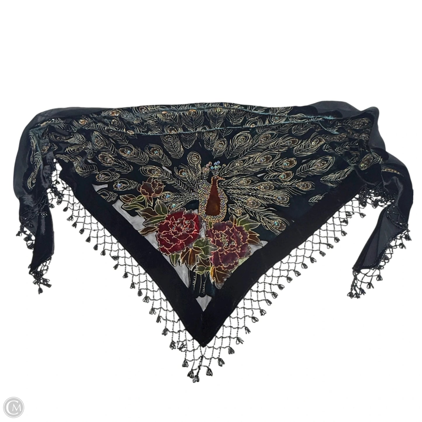 Burnout Velvet & Silk Beaded Peacock Triangle Shawl By Rabella In Multi-colored