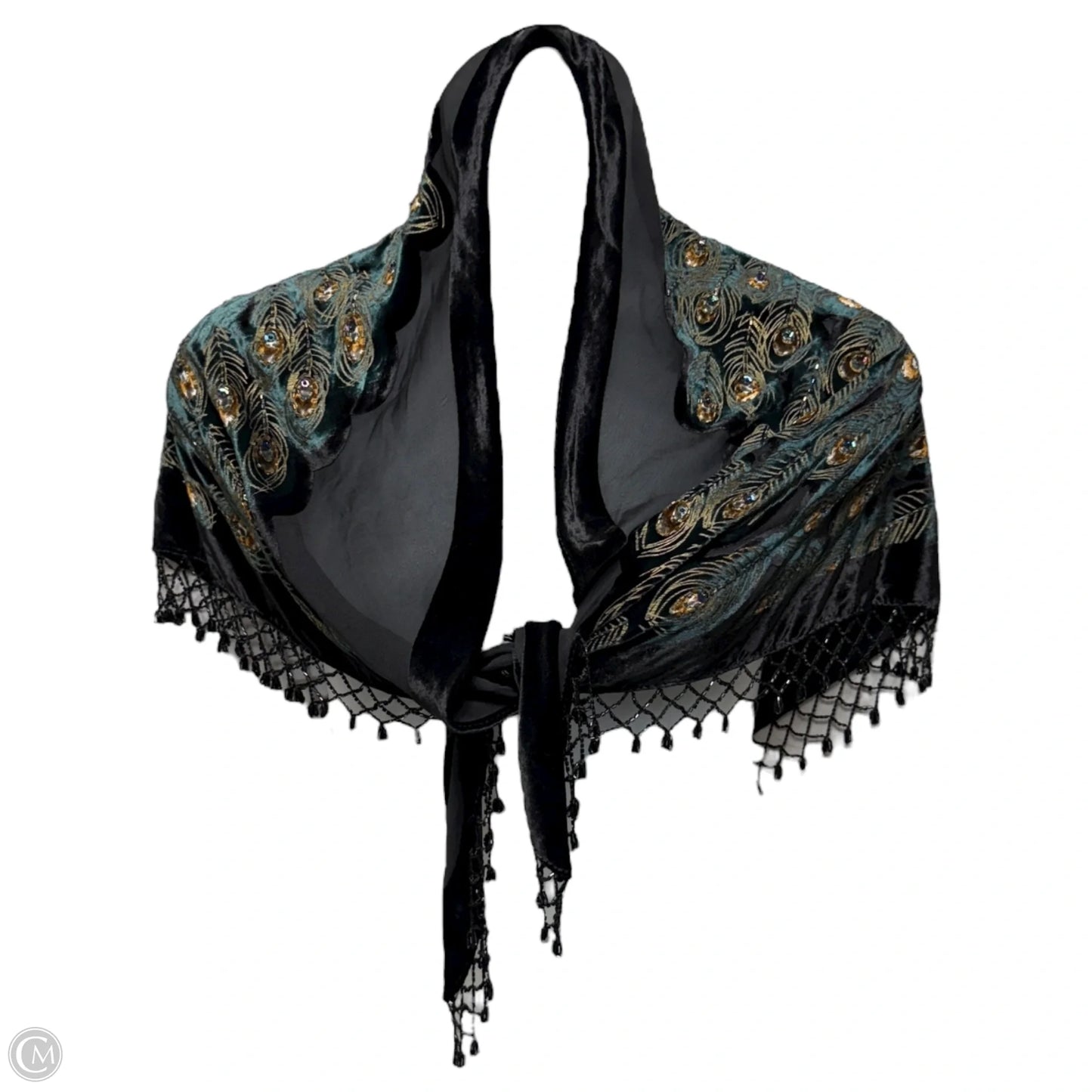 Burnout Velvet & Silk Beaded Peacock Triangle Shawl By Rabella In Multi-colored